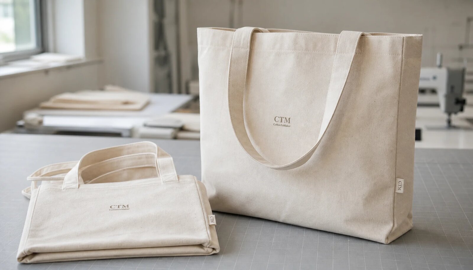 Photorealistic organic cotton tote sample with a simple CTM CottonToMaker logo in a clean factory sample room