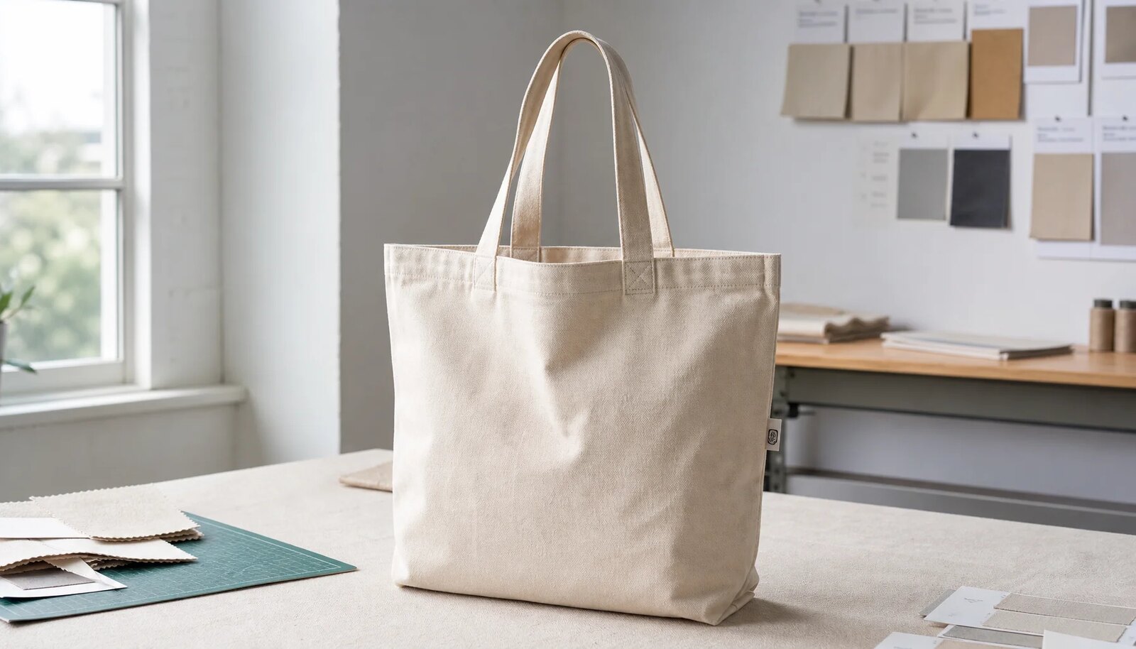 Organic cotton tote bag with a small CTM sample logo in a factory sample room