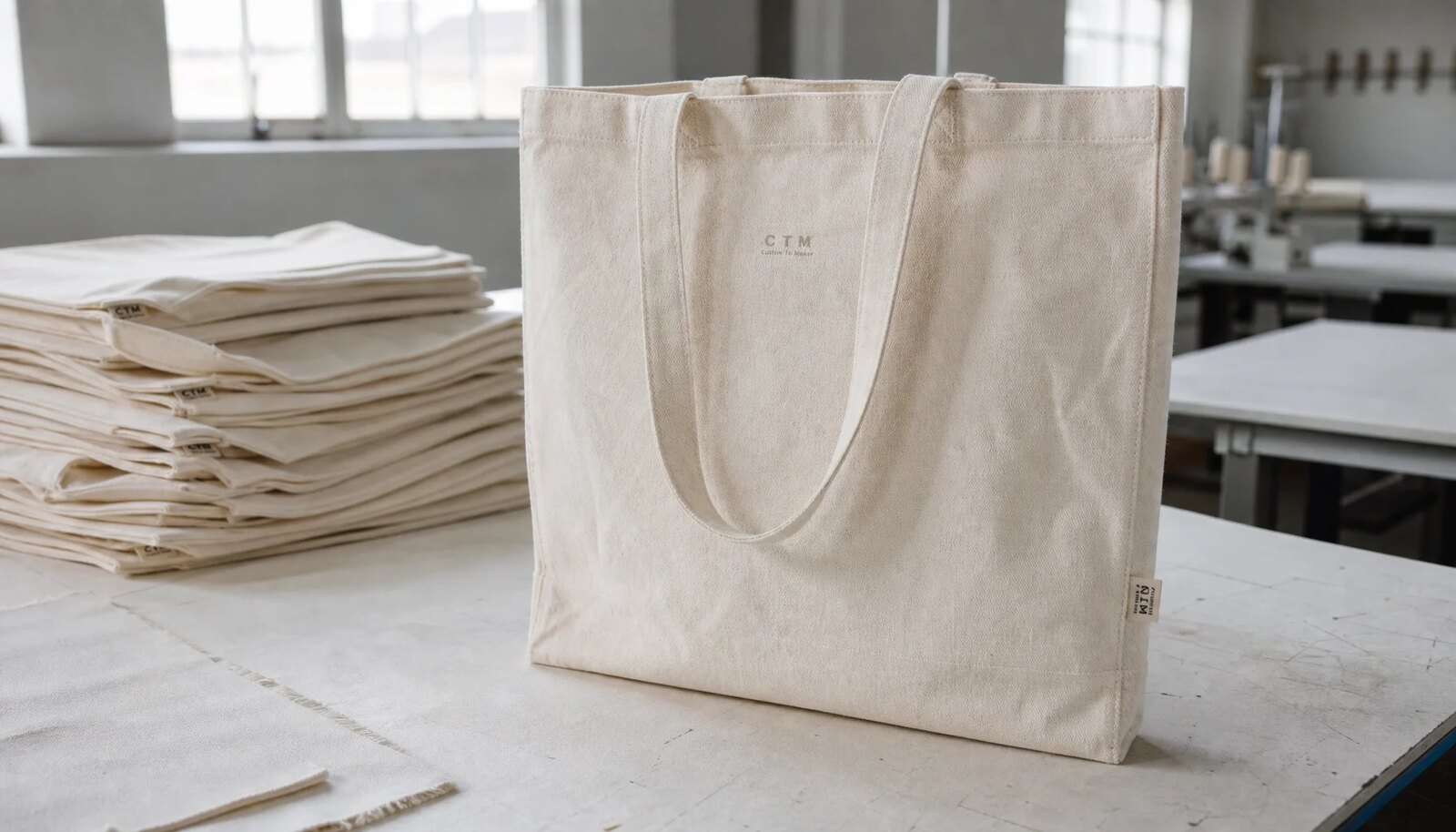 Organic cotton tote bags with a small CTM CottonToMaker sample logo in a factory sample room