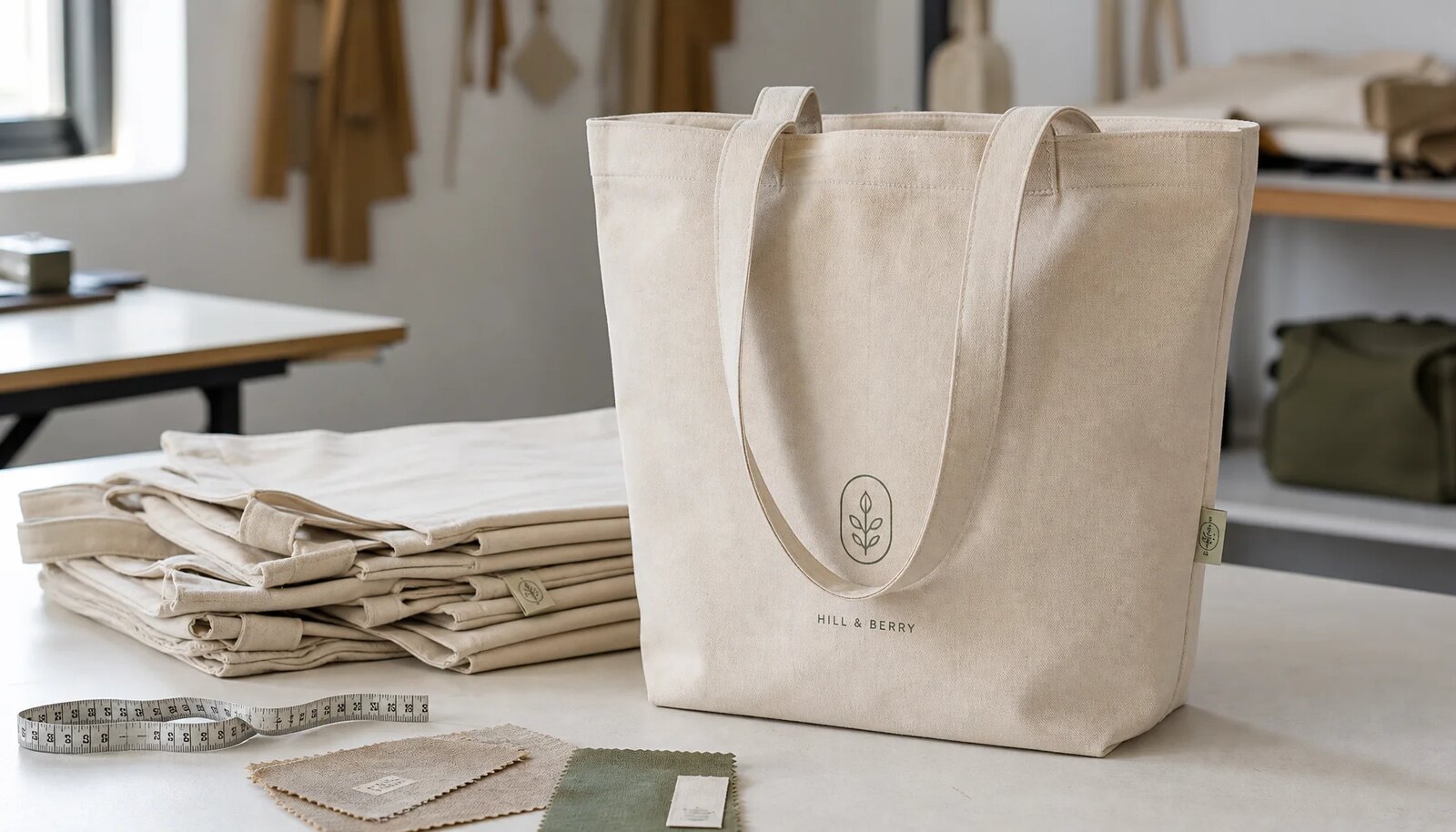 Organic cotton tote bag sample with CTM/CottonToMaker logo in a factory sample room