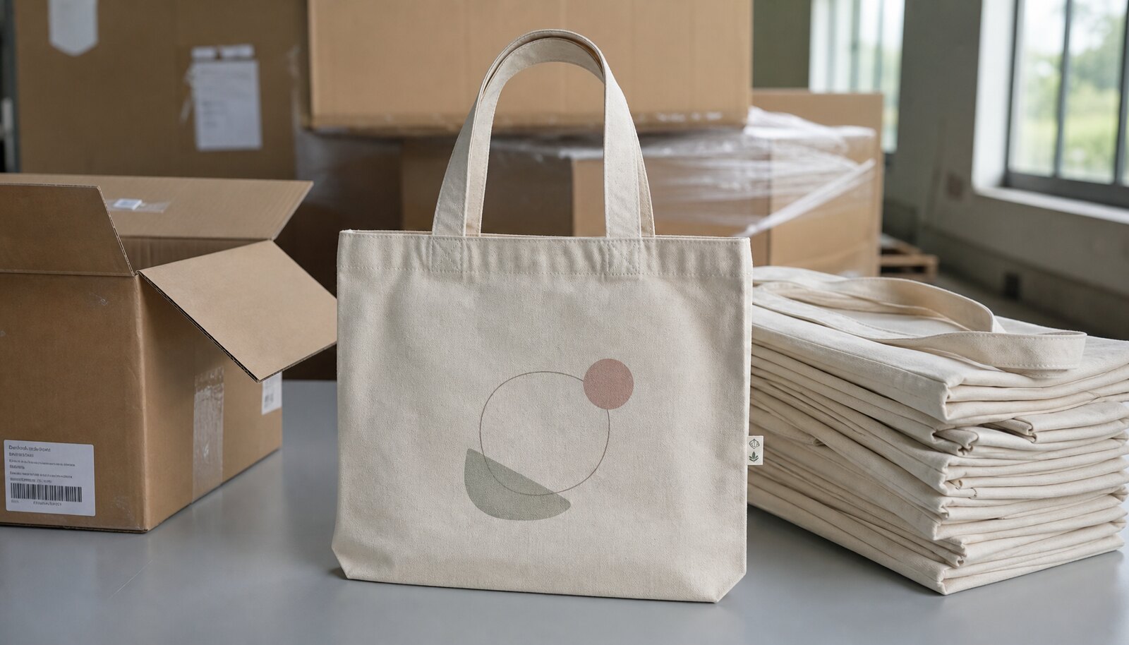 Organic cotton tote bags and master cartons in a factory sample room