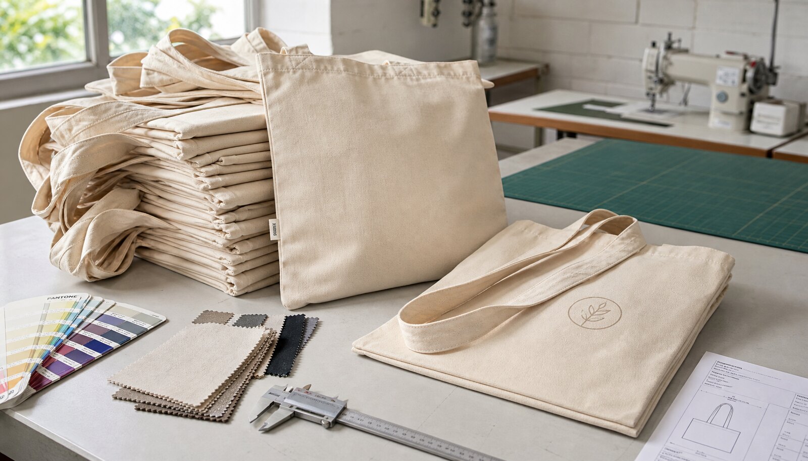 Organic cotton tote bags in a factory sample room with a small CTM/CottonToMaker woven label and printed sample logo.