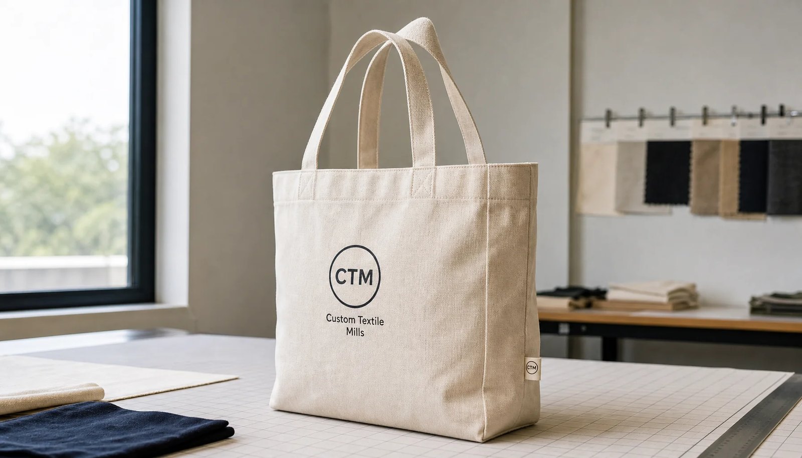 Photorealistic organic cotton tote with a CTM sample logo printed on a sewn side label in a clean factory sample room