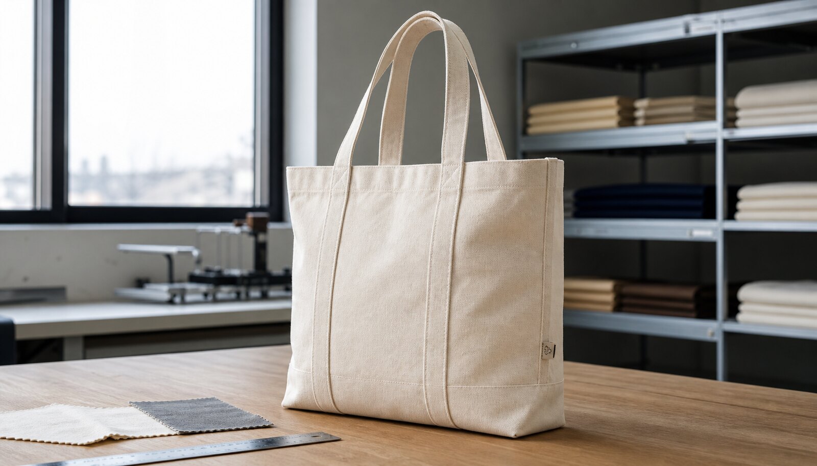 Photorealistic organic cotton tote sample with a CTM logo in a clean factory sample room