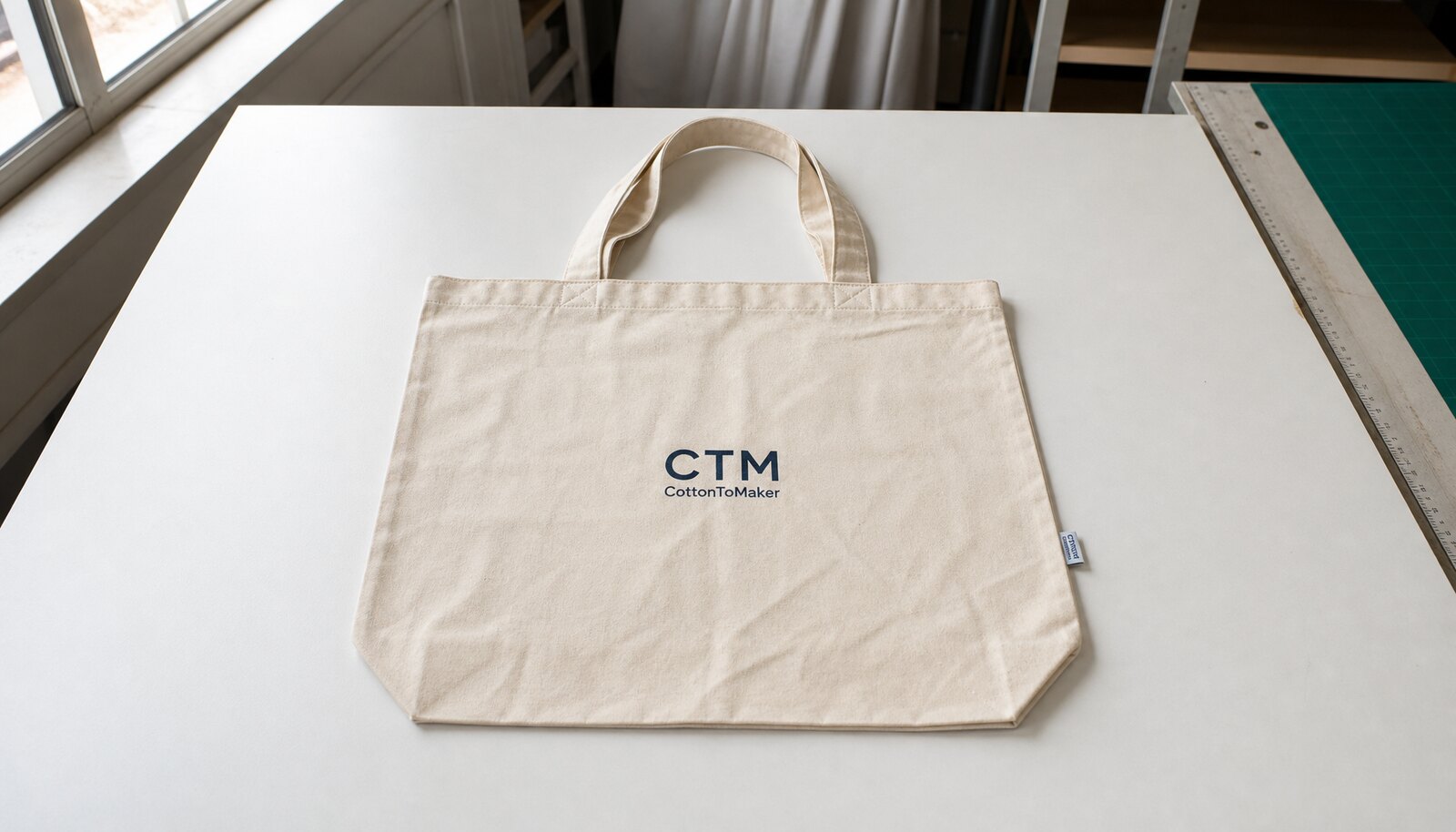 Organic cotton tote bag in a factory sample room with a simple CTM logo printed on the front for logo placement review