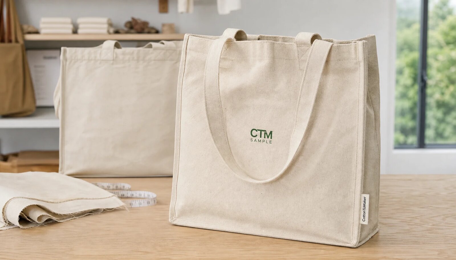 Organic cotton tote bag samples with CTM logo and CottonToMaker side label for hotel retail sourcing