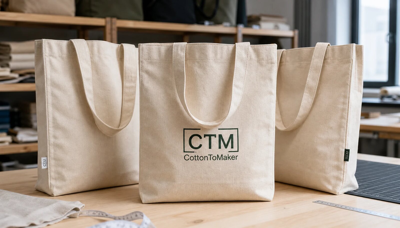 Natural organic cotton tote bags with CTM CottonToMaker sample logo in a clean factory sample room