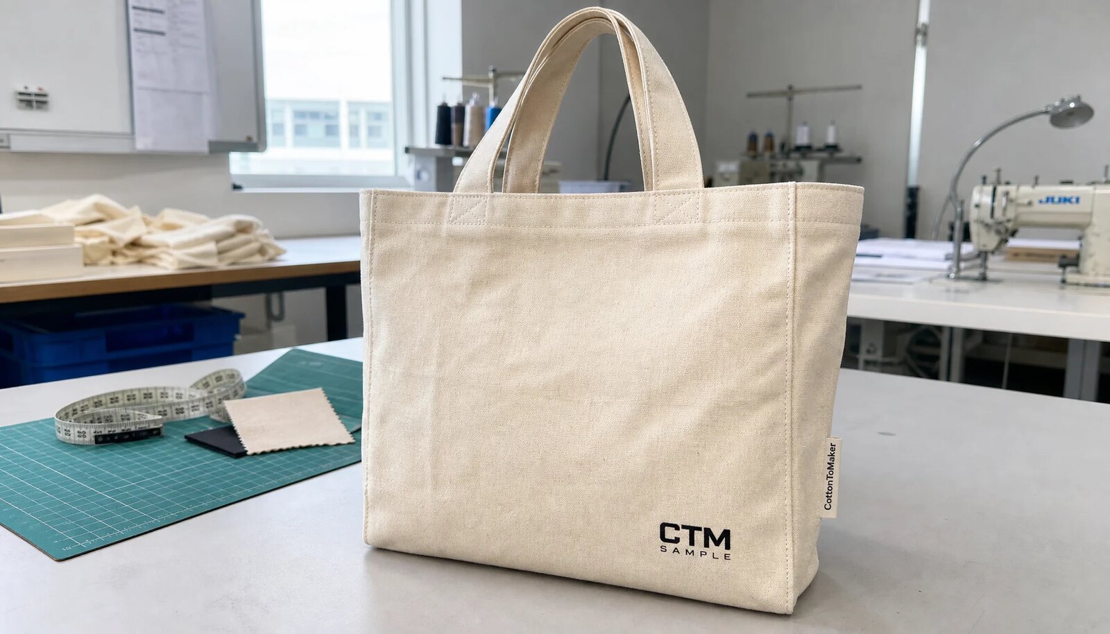 Organic cotton tote bag with a small CTM sample logo printed and a woven side label in a factory sample room