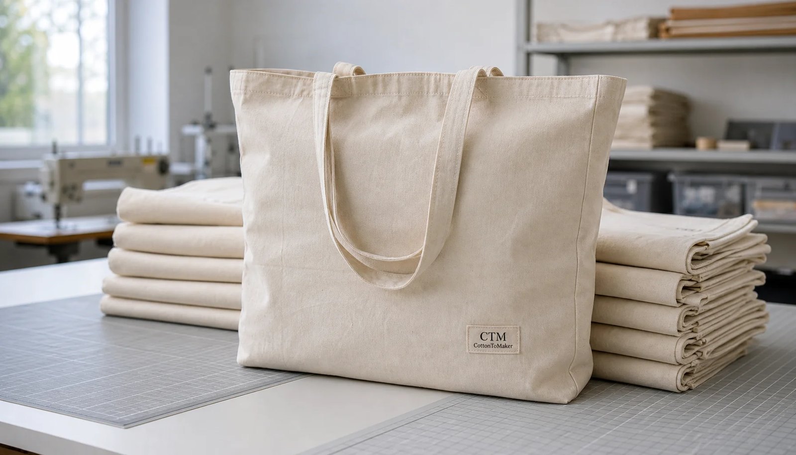 Organic cotton tote bag with a simple CTM sample logo in a clean factory sample room