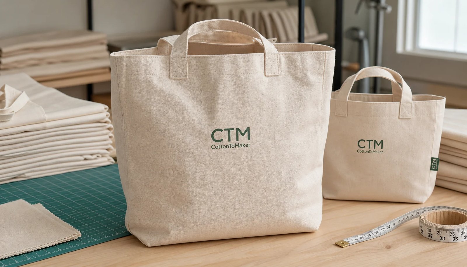 Natural organic cotton tote bag sample with CTM logo for university bookstore sourcing