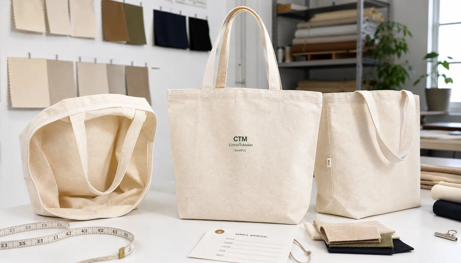 Organic cotton tote samples with CTM logo in a factory sample room for university bookstore RFQ review