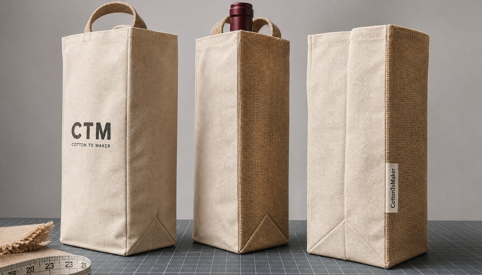 Wine bottle bags with visible bottom gusset corners and CTM sample logo in a clean studio