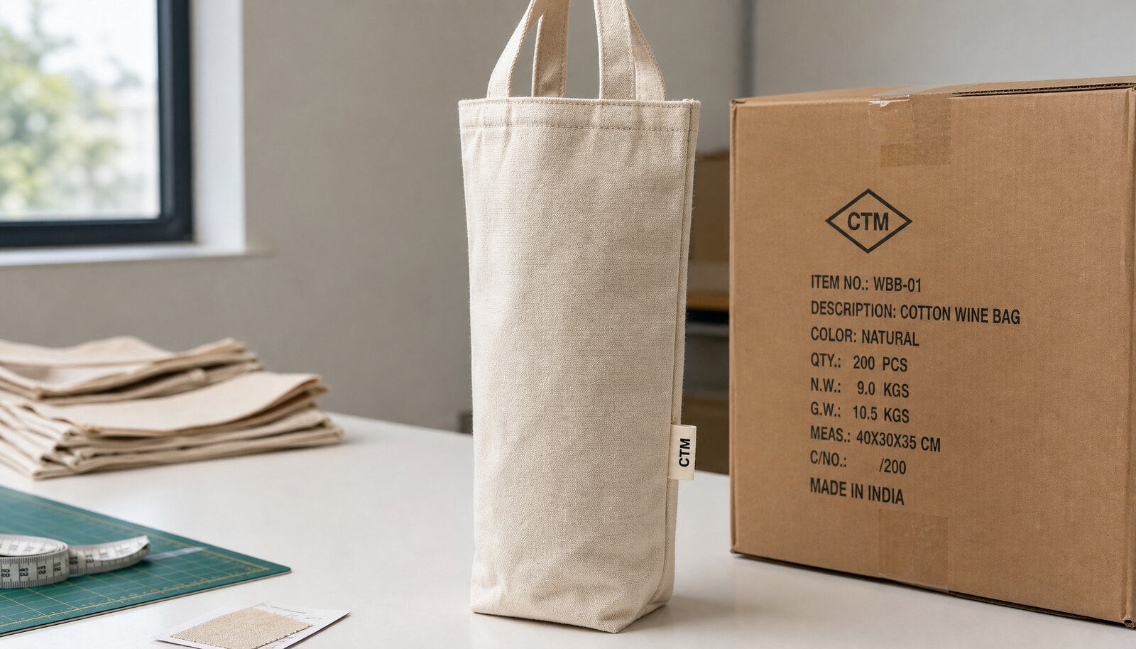 Cotton wine bottle bag with a CTM side label beside a marked export carton in a sample room.