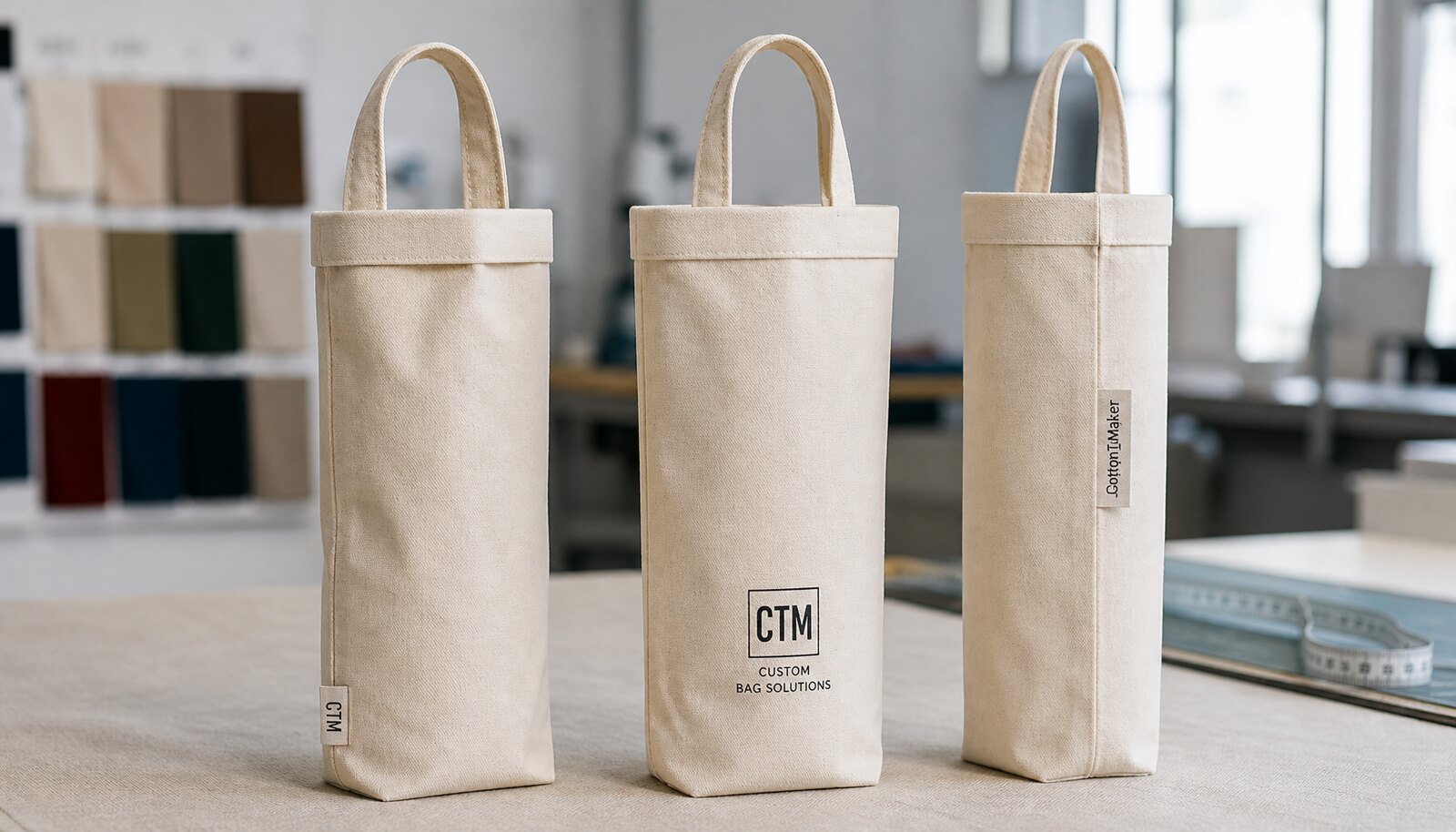 Cotton wine bottle bags with folded top hems and CTM sample logo in a factory sample room