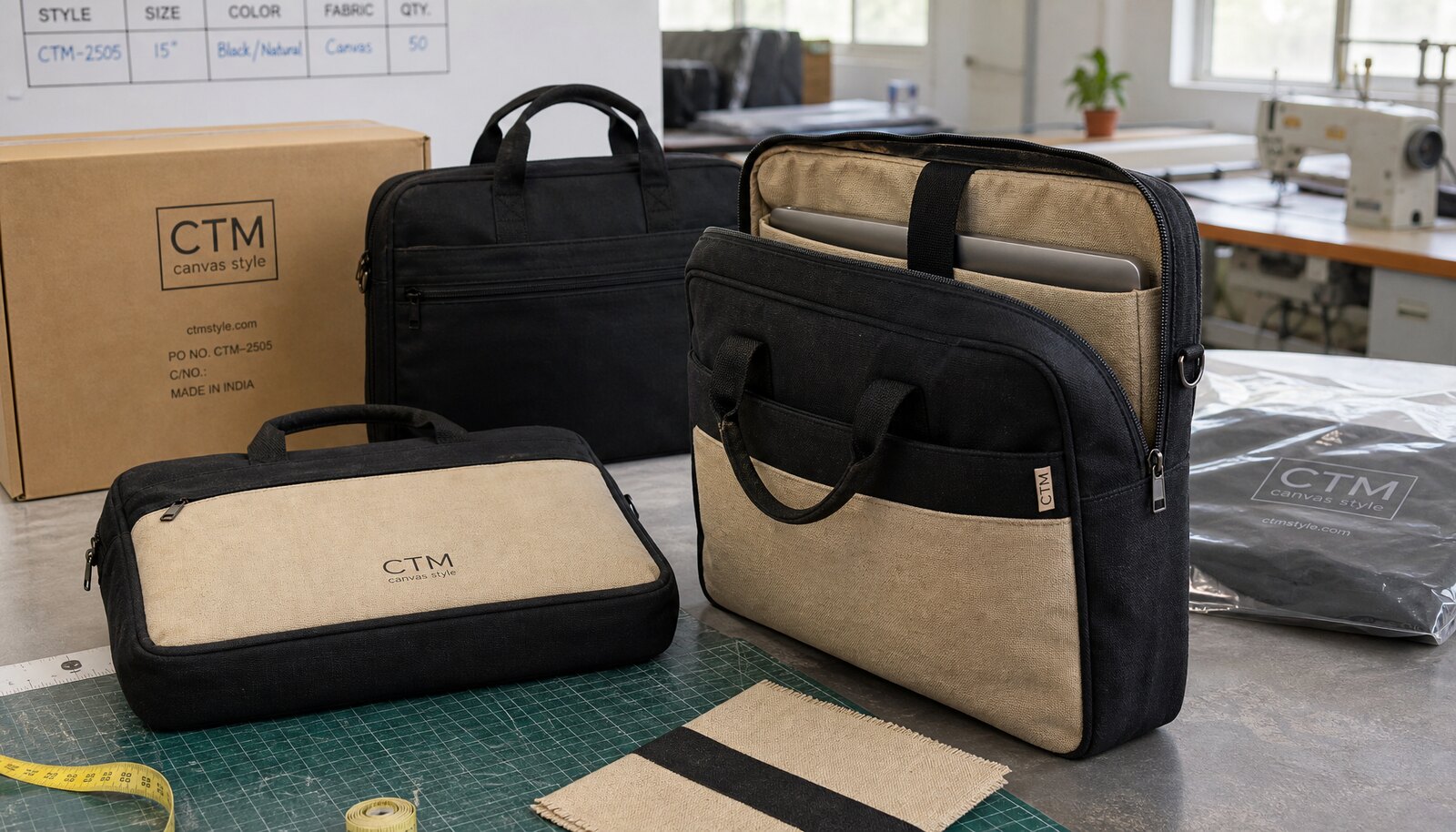 Zipper business bag samples with CTM logo and export packing materials in a factory sample room