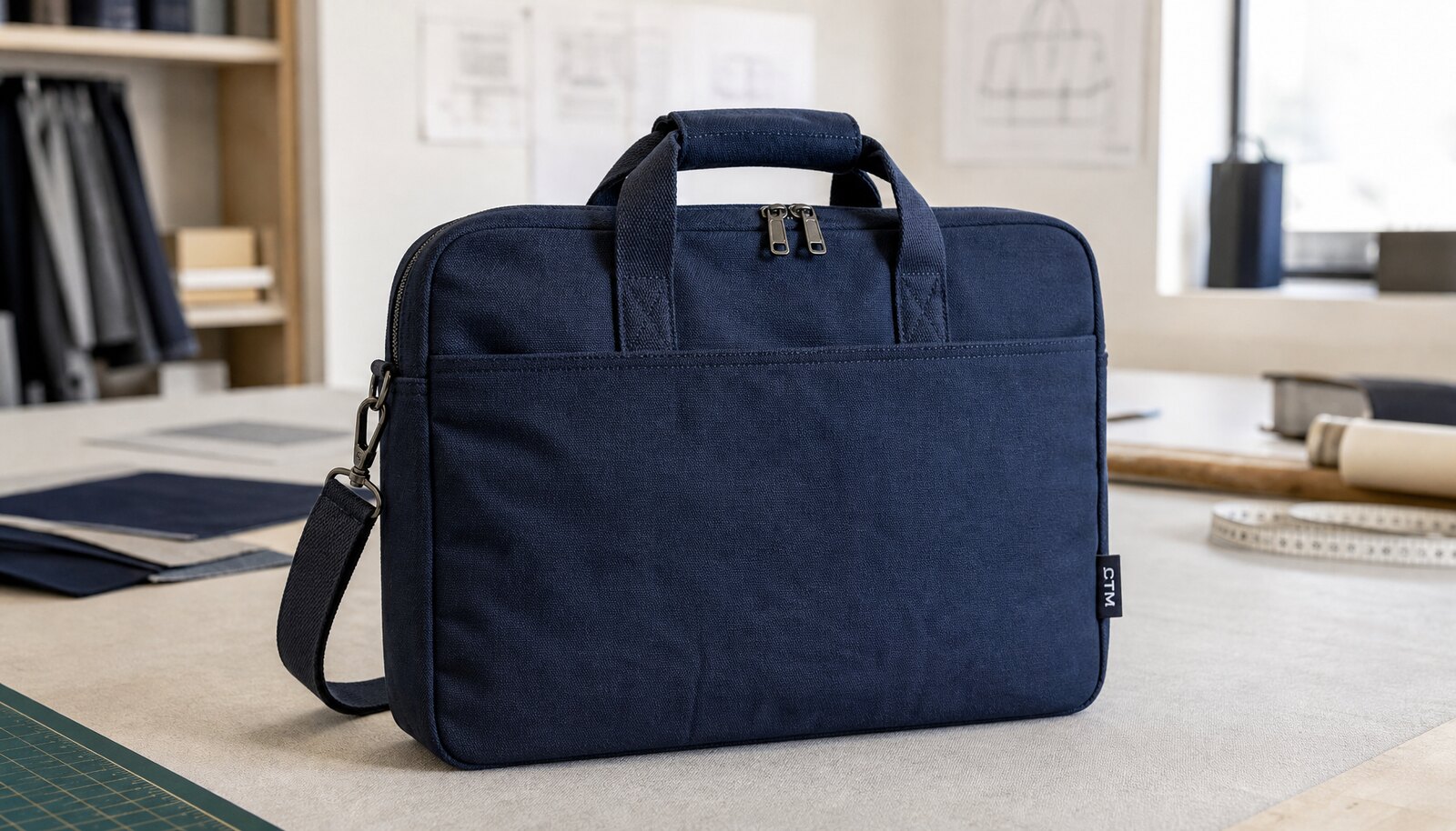 CottonToMaker zipper business bag sample with a woven side label in a factory sample room.