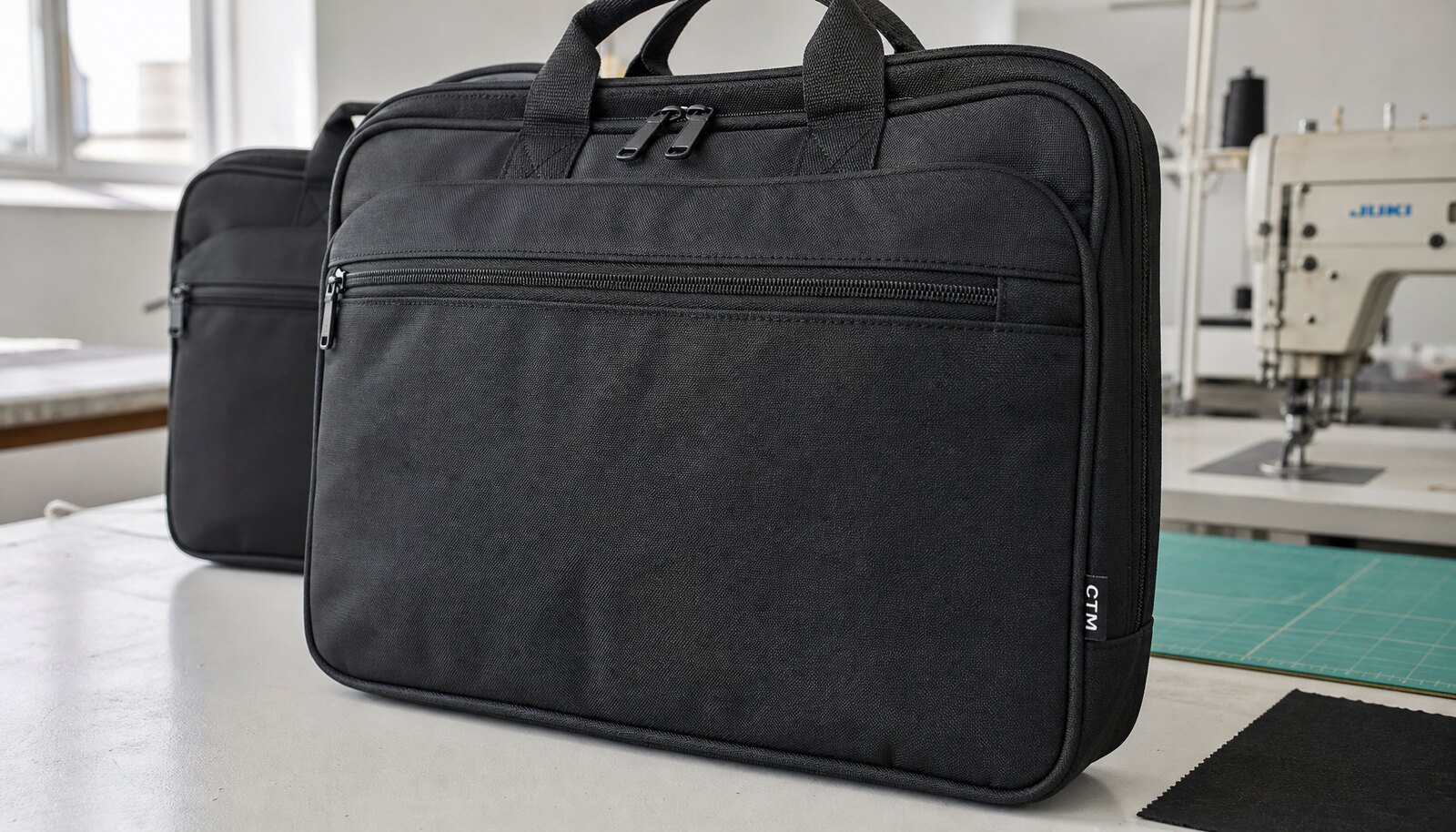 A zipper business bag sample with a sewn CTM side label in a factory sample room