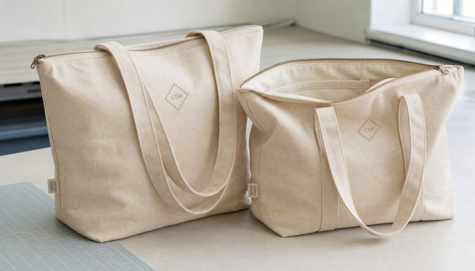 Two zipper canvas tote bags with a simple CTM/CottonToMaker logo shown in a factory sample room