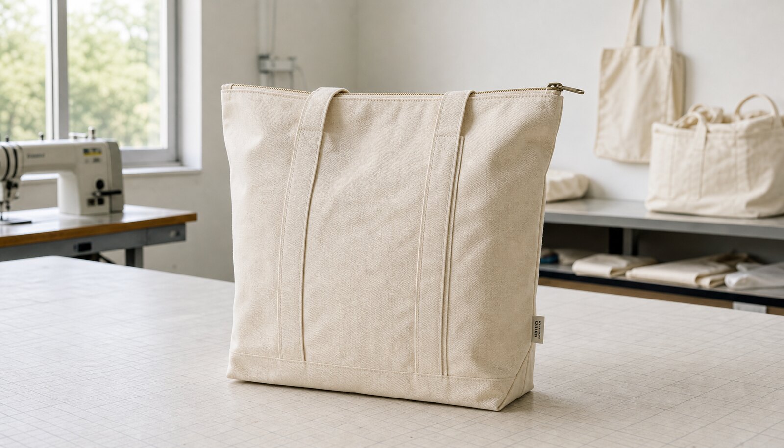 A zipper canvas tote bag with a simple CTM woven side label in a clean factory sample room
