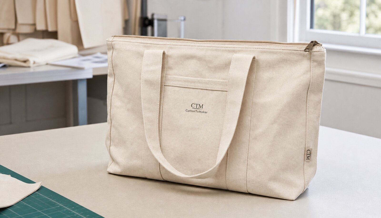 Natural canvas zipper tote bag with CTM/CottonToMaker logo shown in a factory sample room