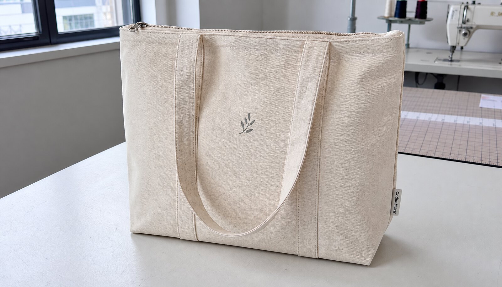 Natural canvas zipper tote bag with a CTM / CottonToMaker side label in a factory sample room