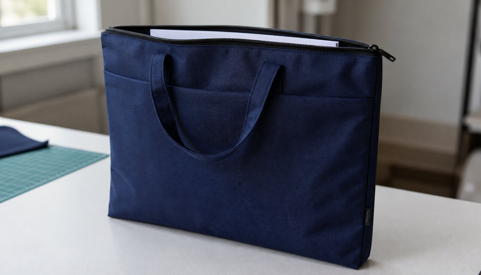 A navy zipper conference bag with a stitched CTM CottonToMaker side label on a clean factory sample room table.