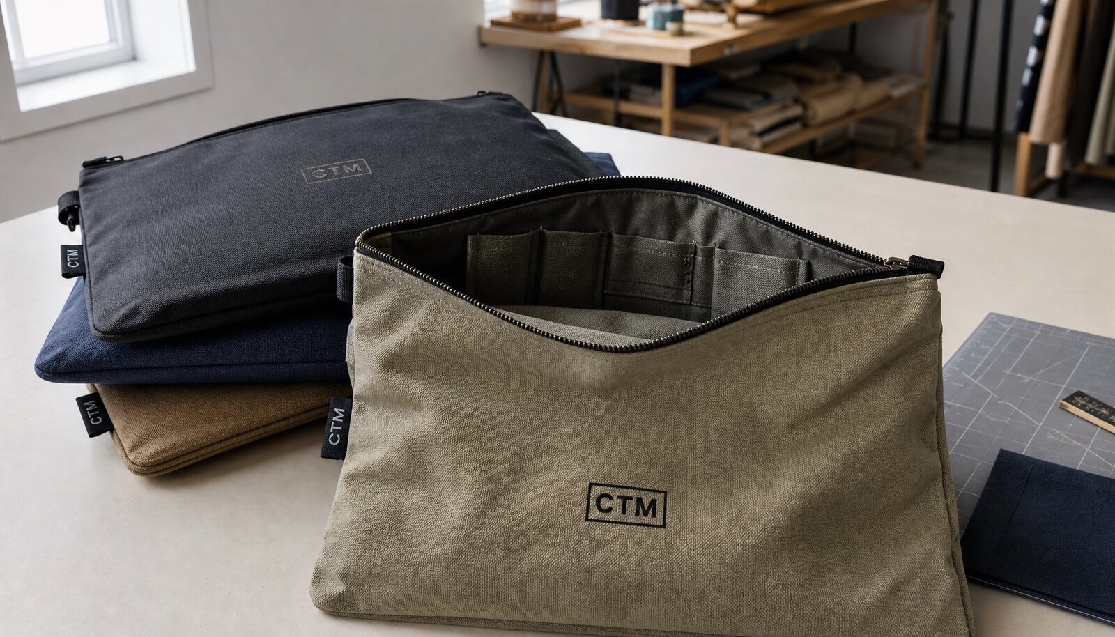 Photorealistic zipper conference bag with CTM sample logo printed on the front panel in a factory sample room