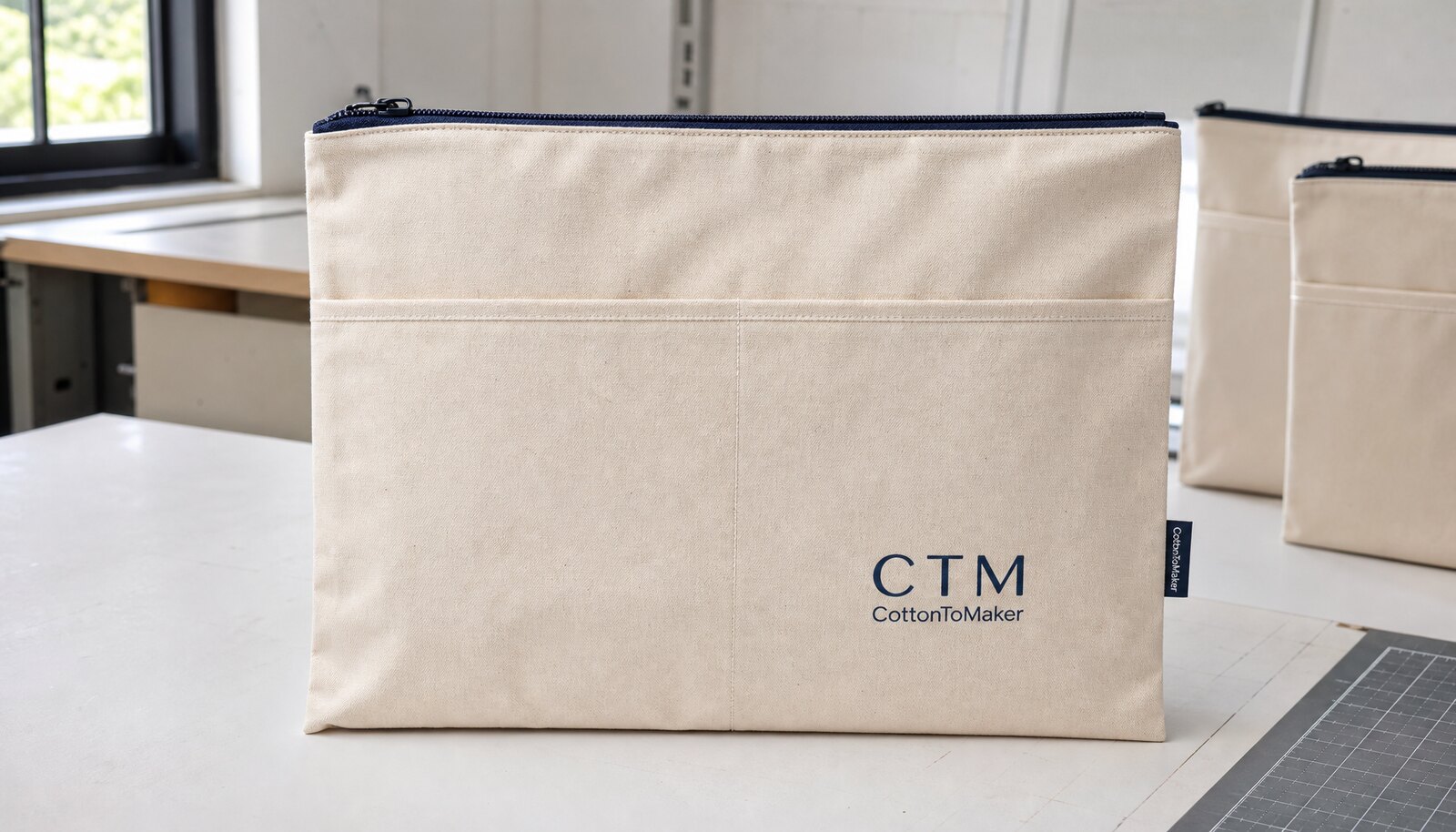 Photorealistic zipper document bag with a CTM sample logo in a factory sample room