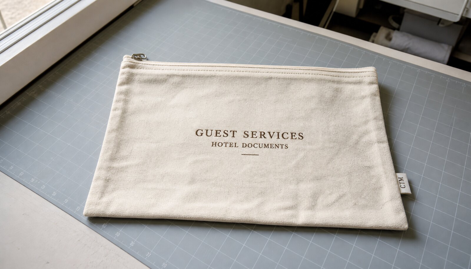 Photorealistic hotel zipper document bag with a sewn CTM sample logo in a factory sample room