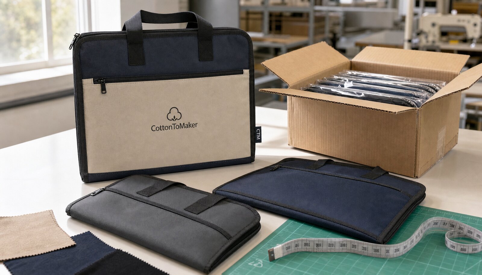 Zippered document bags with CTM sample branding beside a packing carton in a factory sample room