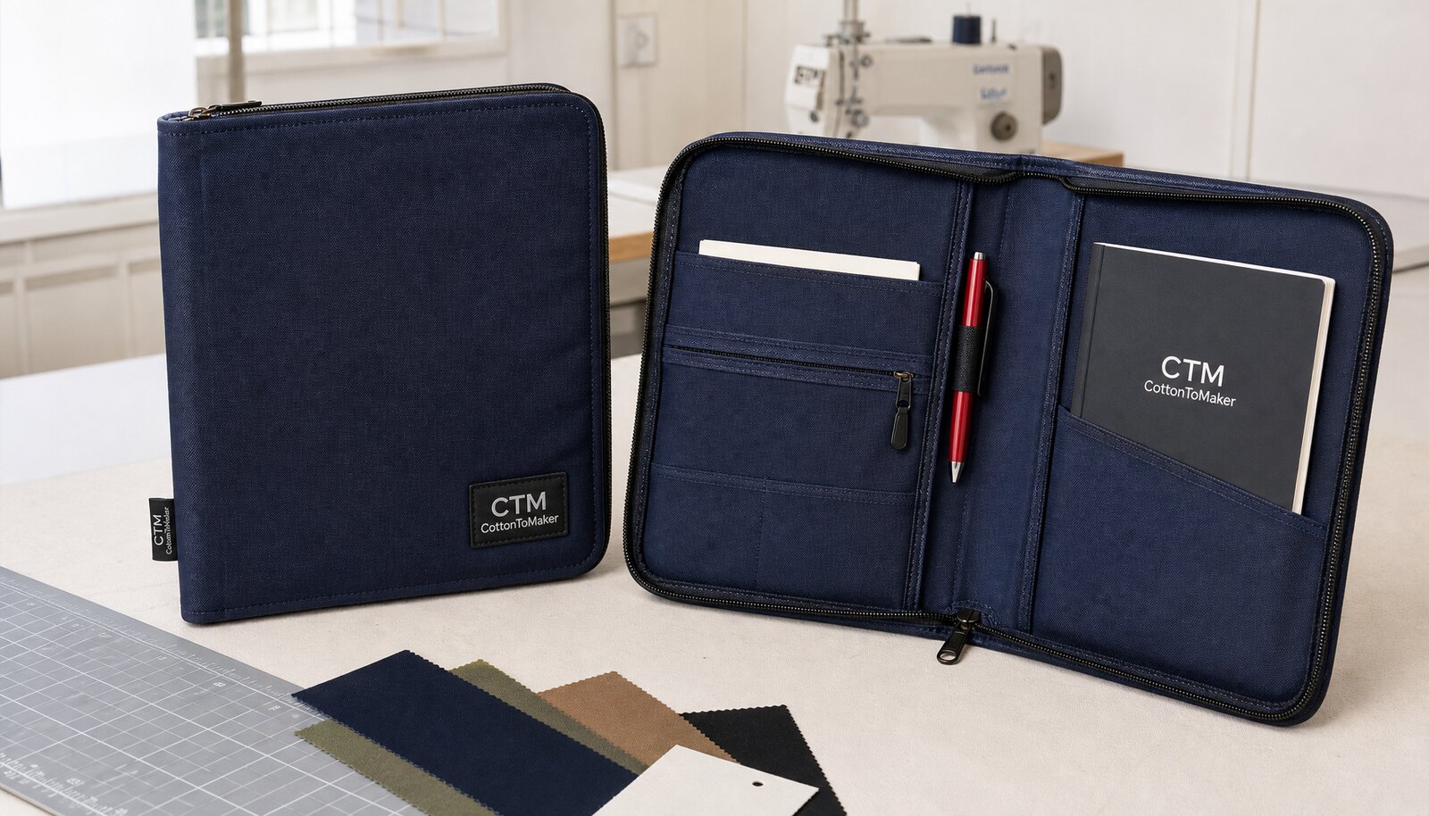 Photorealistic CTM-branded zippered portfolio bag in a factory sample room
