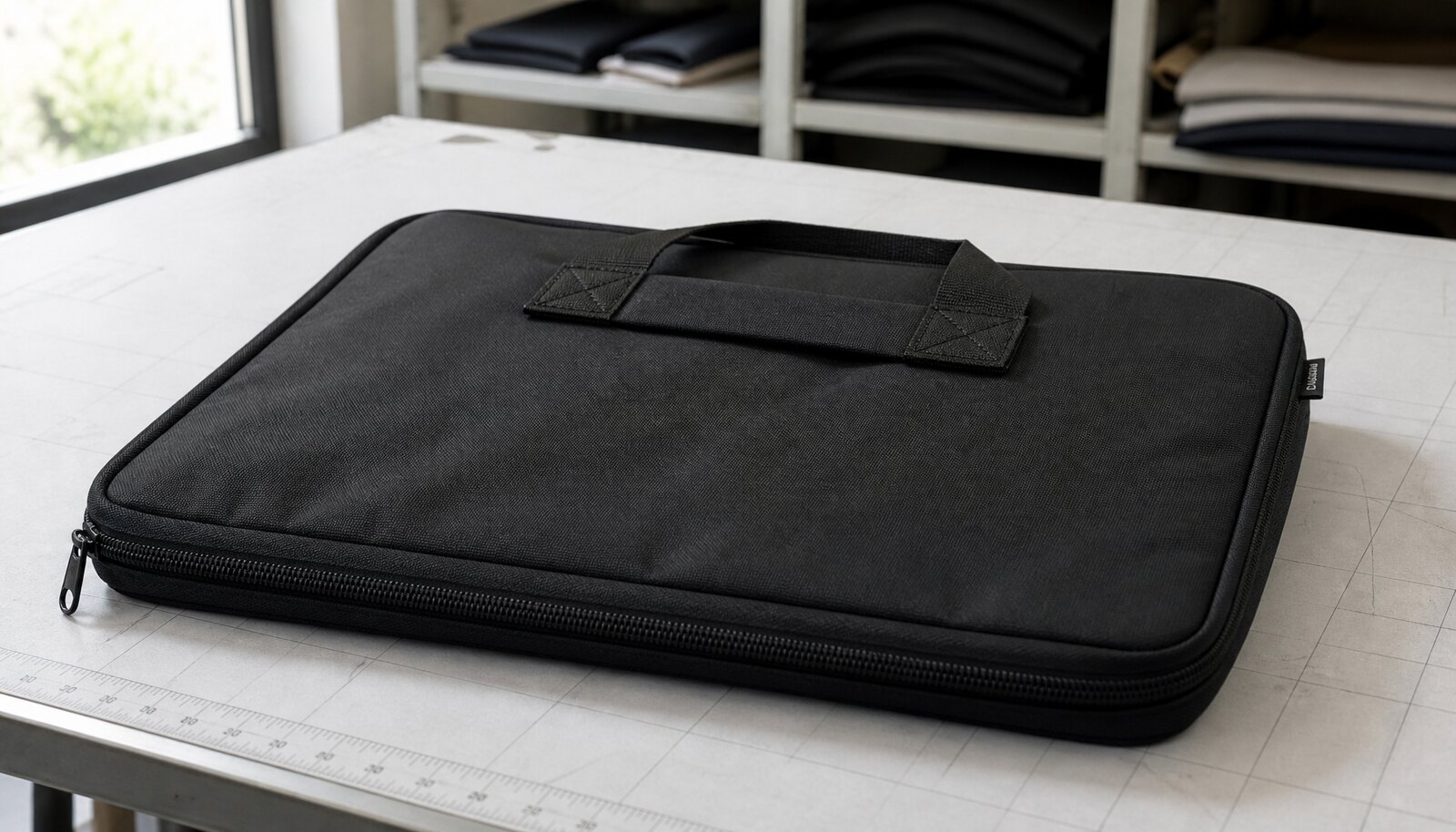 A black zippered portfolio bag with a simple CTM CottonToMaker logo shown in a clean factory sample room.