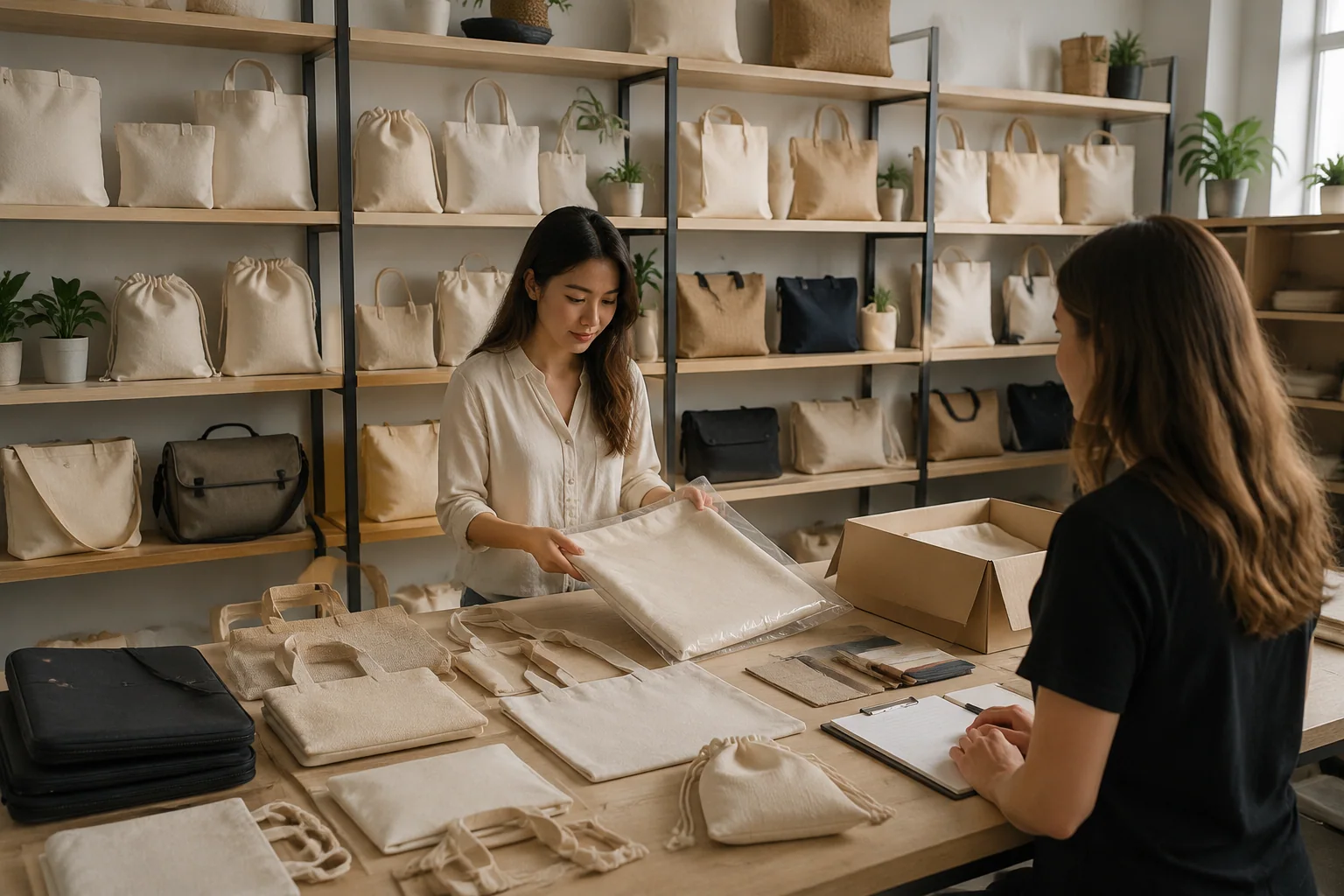 Custom bag sample room with totes, pouches, messenger bags, and sourcing consultation