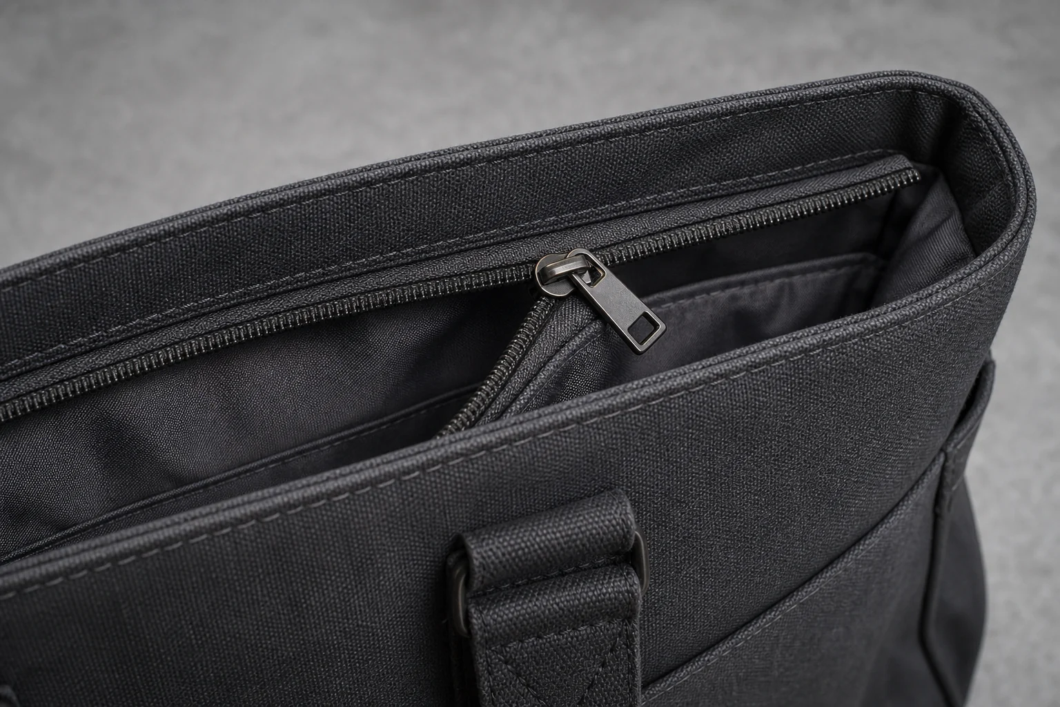 Business bag zipper, reinforced seam, and canvas construction detail