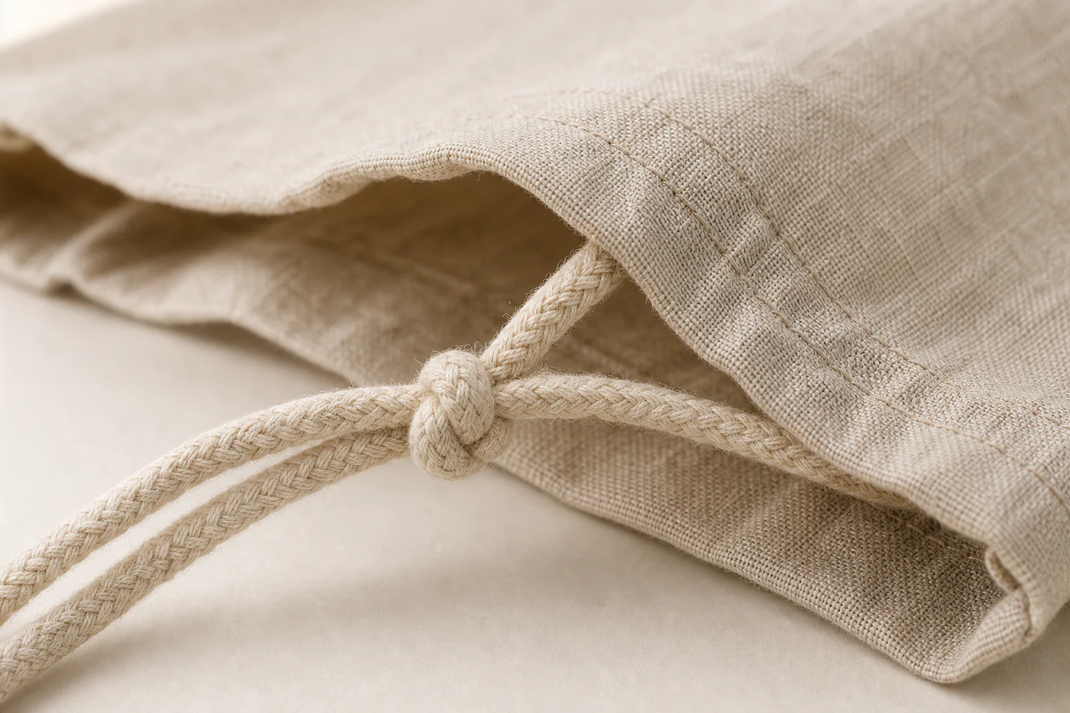 Cotton drawcord, double-channel casing, and seam construction detail