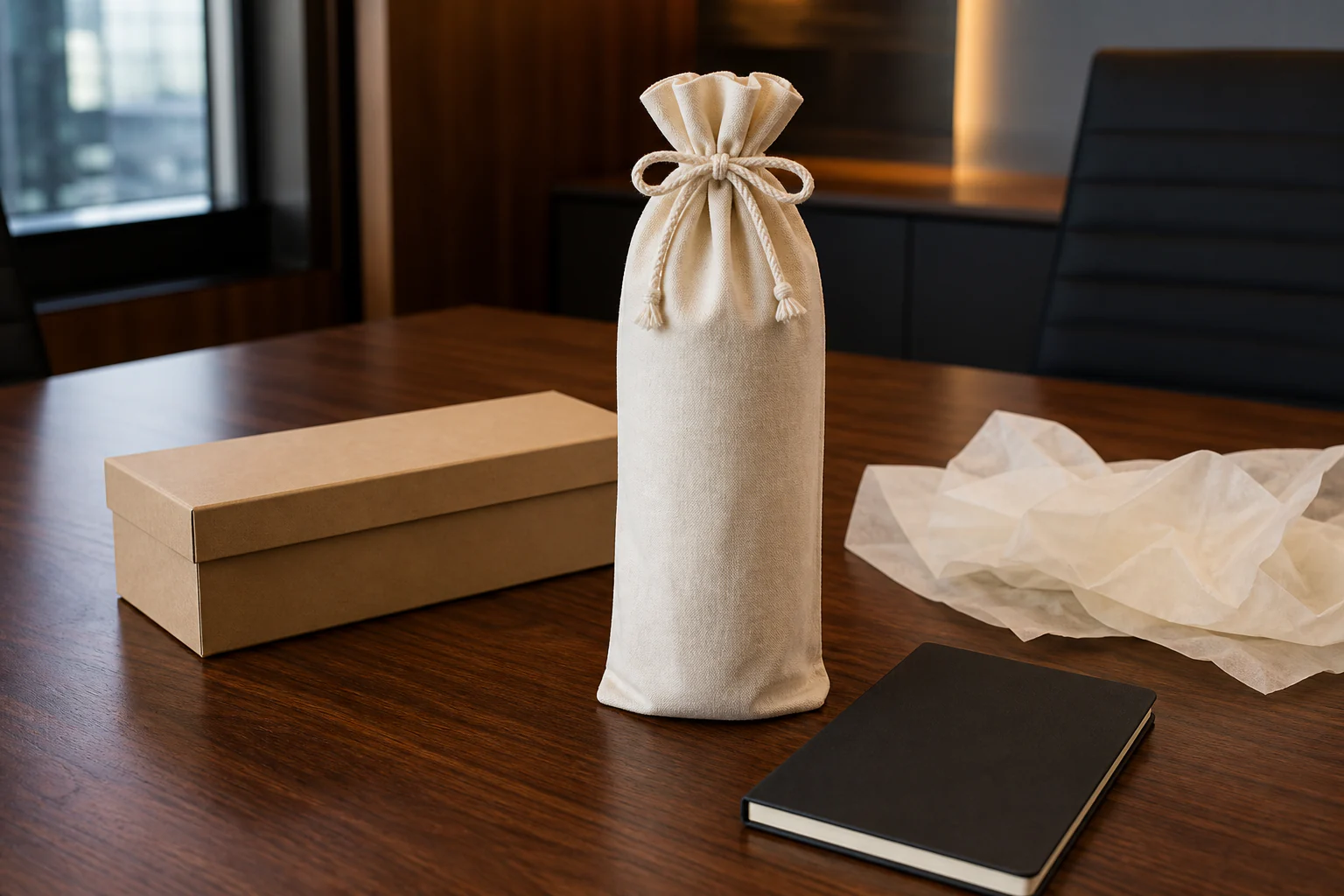 Natural canvas wine bag presented in a corporate gifting setting