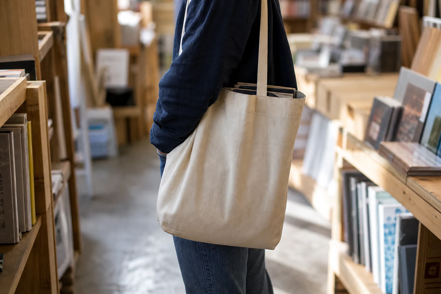 Natural canvas tote bag used in a modern retail setting