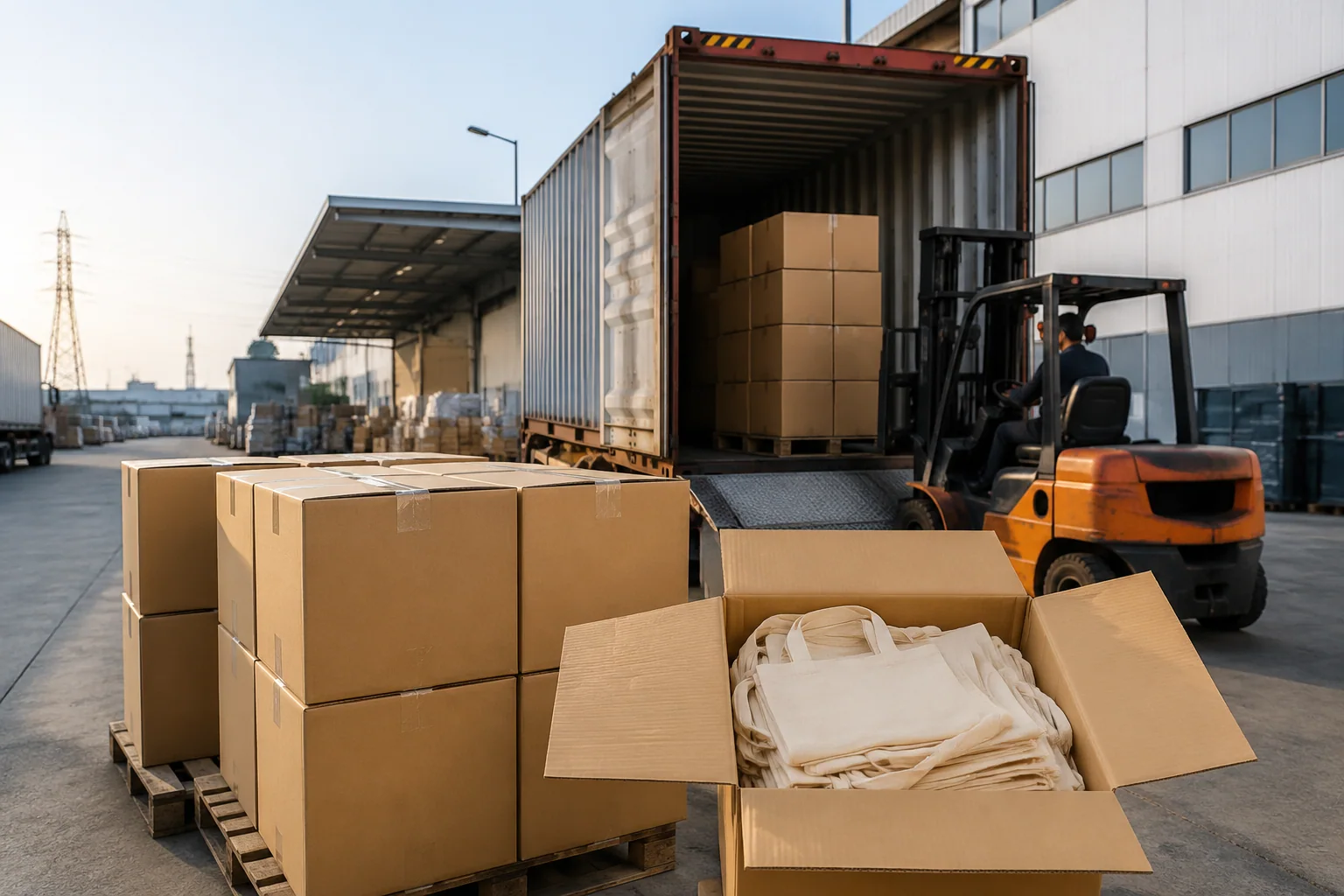 Export cartons of finished canvas totes loading into a shipping container