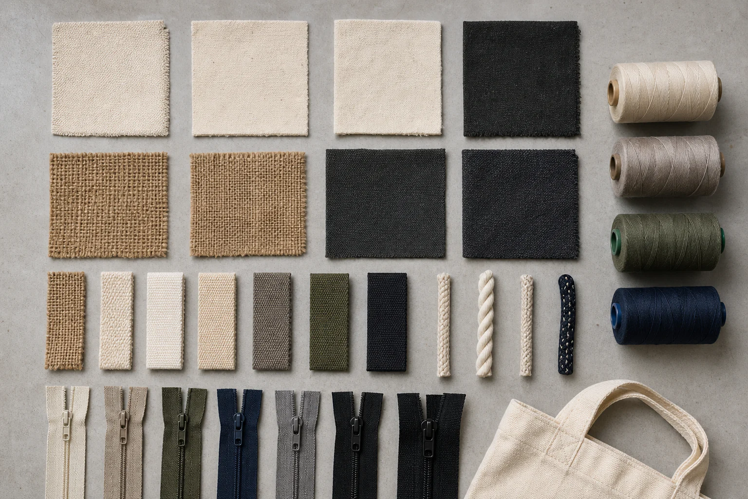 Natural fabrics, cords, threads, and trims selected for custom drawstring pouches