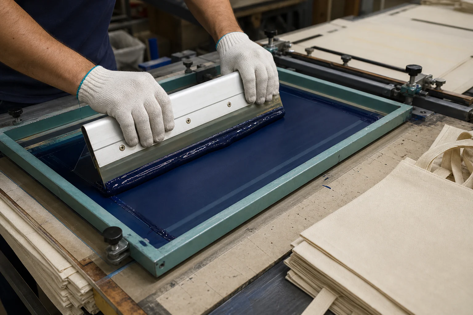 Screen-printing process used to customize cotton drawstring backpacks