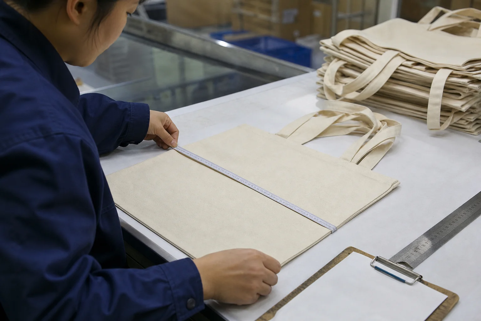 Quality inspector measuring canvas tote dimensions and stitching